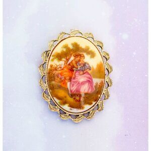 Vintage Garden Lovers Painting Brooch | Gold Tone | J27